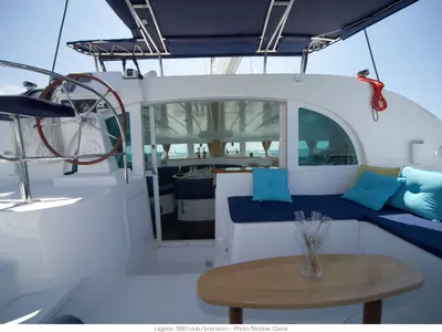 Cockpit of Naos, a Lagoon 380 catamaran at Olbia, Italy
