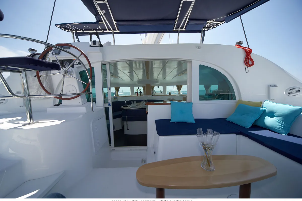 Cockpit of Naos, a Lagoon 380 catamaran at Olbia, Italy