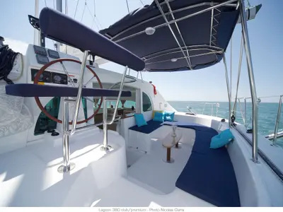 Cockpit of Naos, a Lagoon 380 catamaran at Olbia, Italy