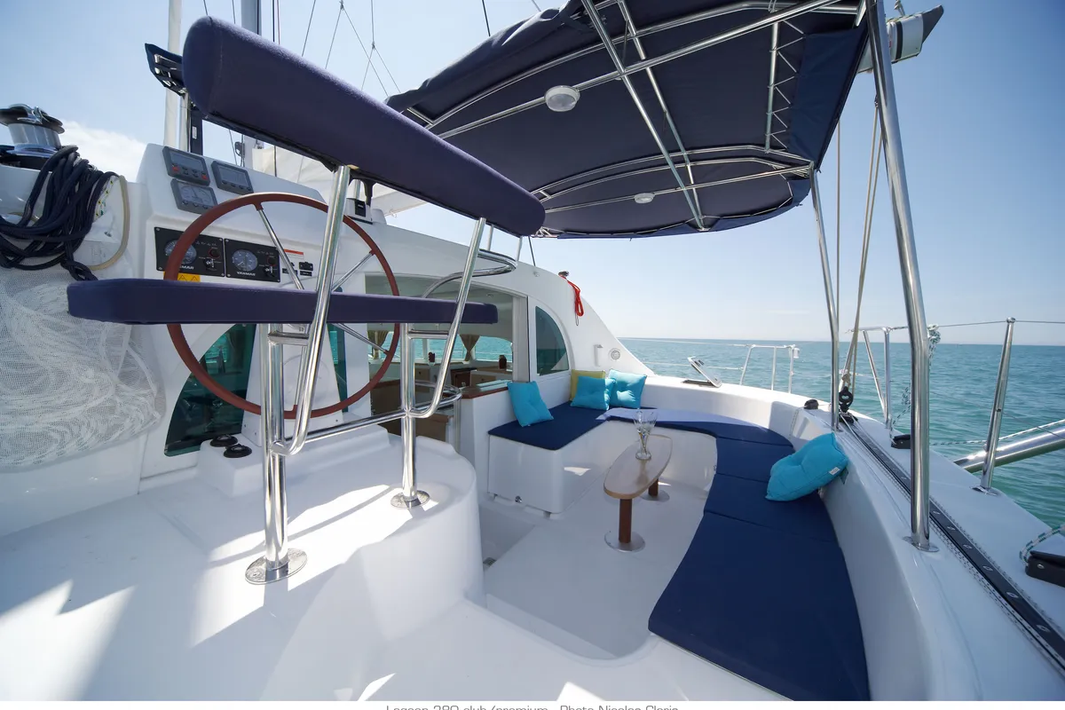 Cockpit of Naos, a Lagoon 380 catamaran at Olbia, Italy