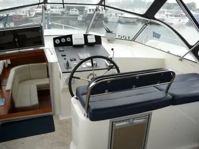 Cockpit of Drait 99, a De Drait DeLuxe 42 motorboat at Drachten, Netherlands