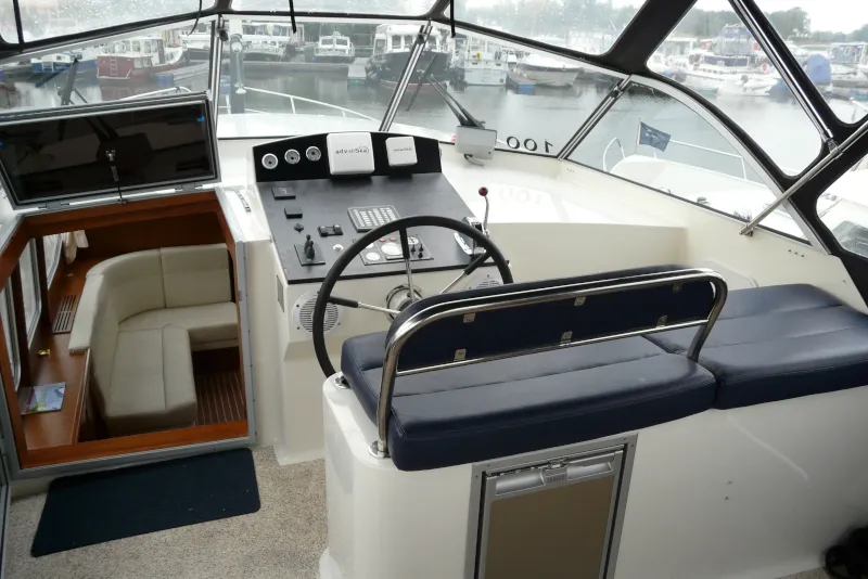 Cockpit of Drait 99, a De Drait DeLuxe 42 motorboat at Drachten, Netherlands