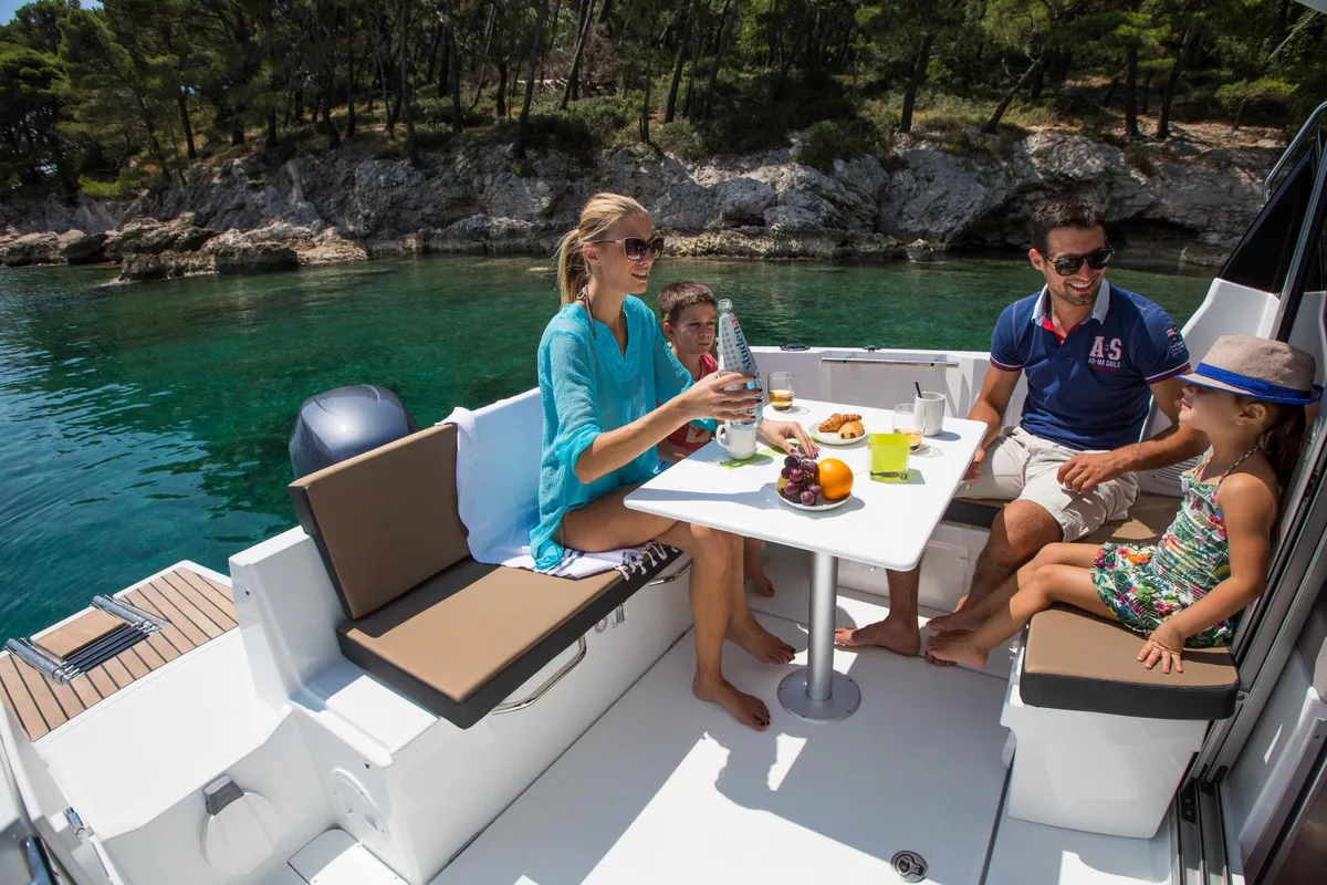Deck of Merry Fisher 795, a Jeanneau Merry Fisher 795 motorboat at Grad Trogir, Croatia