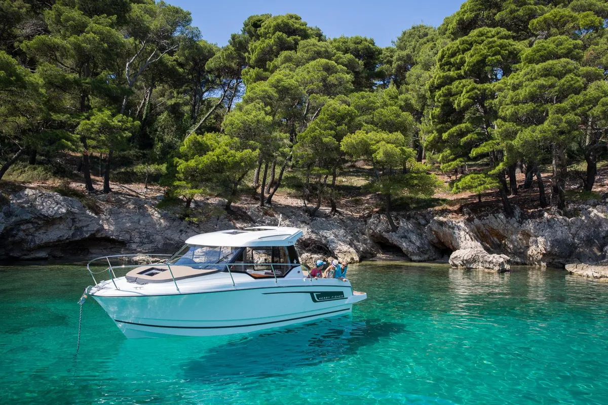 Exterior view of Merry Fisher 795, a Jeanneau Merry Fisher 795 motorboat at Grad Trogir, Croatia