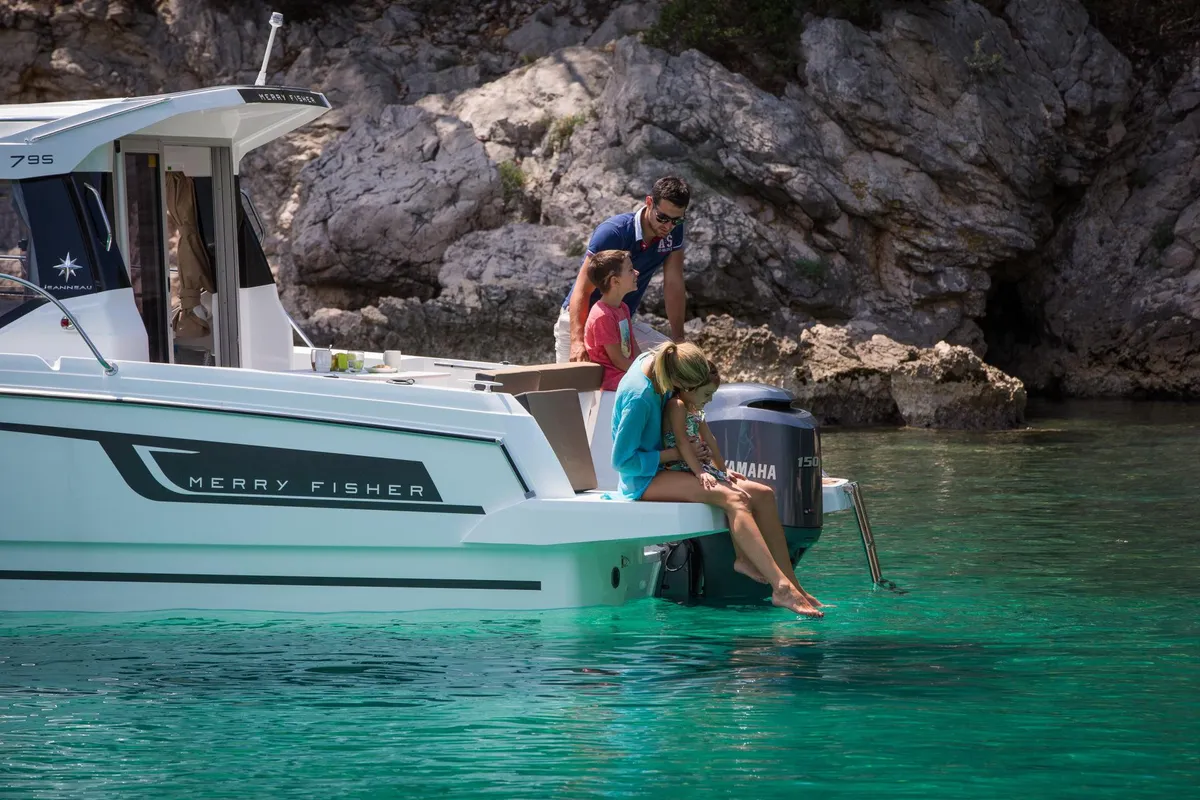 Deck of Merry Fisher 795, a Jeanneau Merry Fisher 795 motorboat at Grad Trogir, Croatia