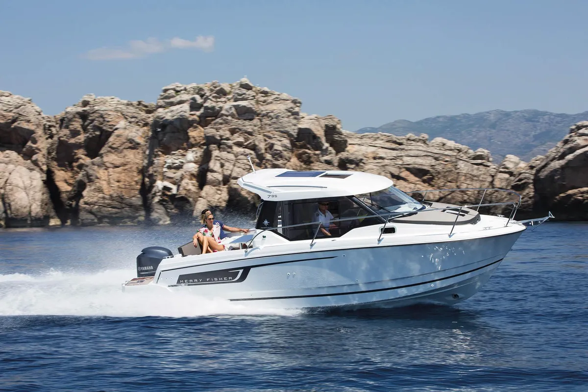 Exterior view of Merry Fisher 795, a Jeanneau Merry Fisher 795 motorboat at Grad Trogir, Croatia