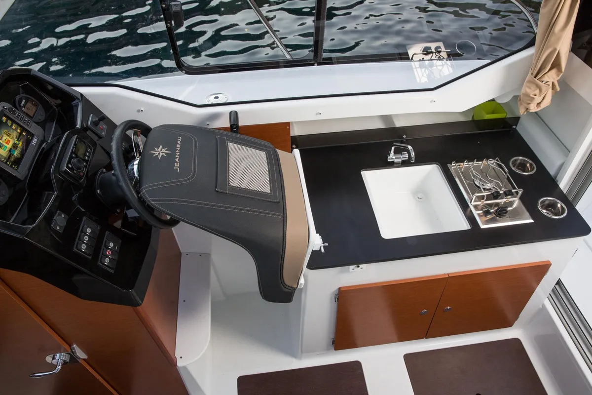 Galley of Merry Fisher 795, a Jeanneau Merry Fisher 795 motorboat at Grad Trogir, Croatia