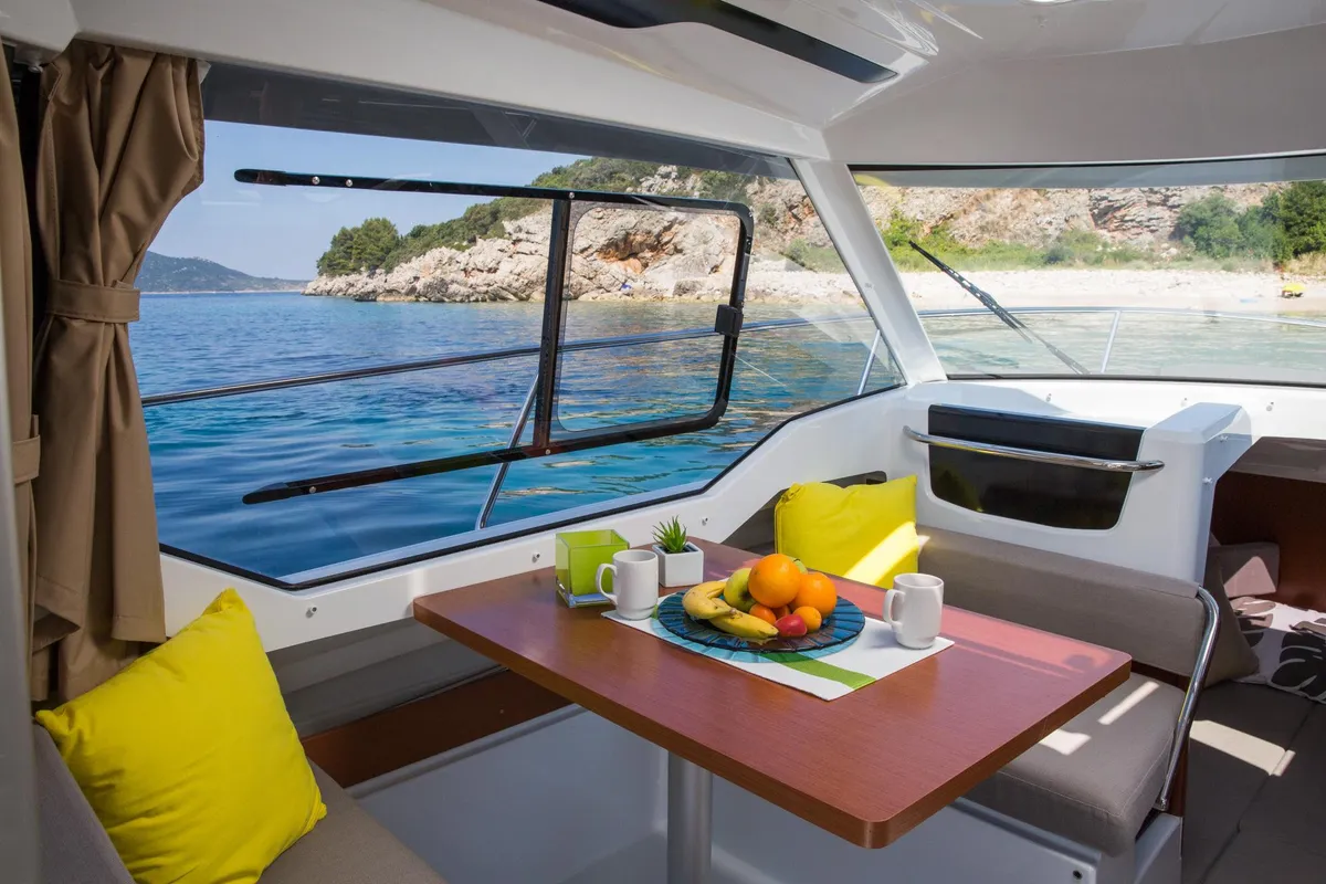 Salon of Merry Fisher 795, a Jeanneau Merry Fisher 795 motorboat at Grad Trogir, Croatia