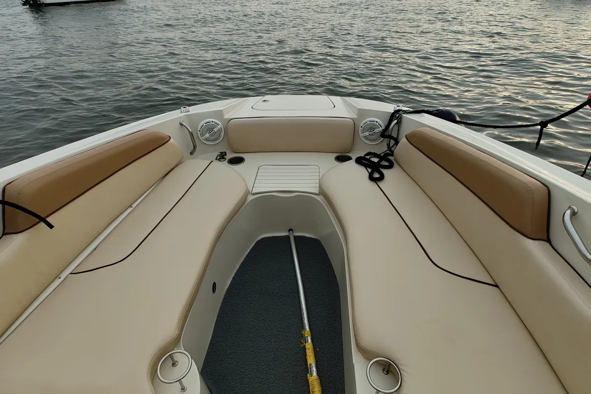Deck of New Yorker, a Sea Ray SDX 290 motorboat at Mumbai Harbour, India