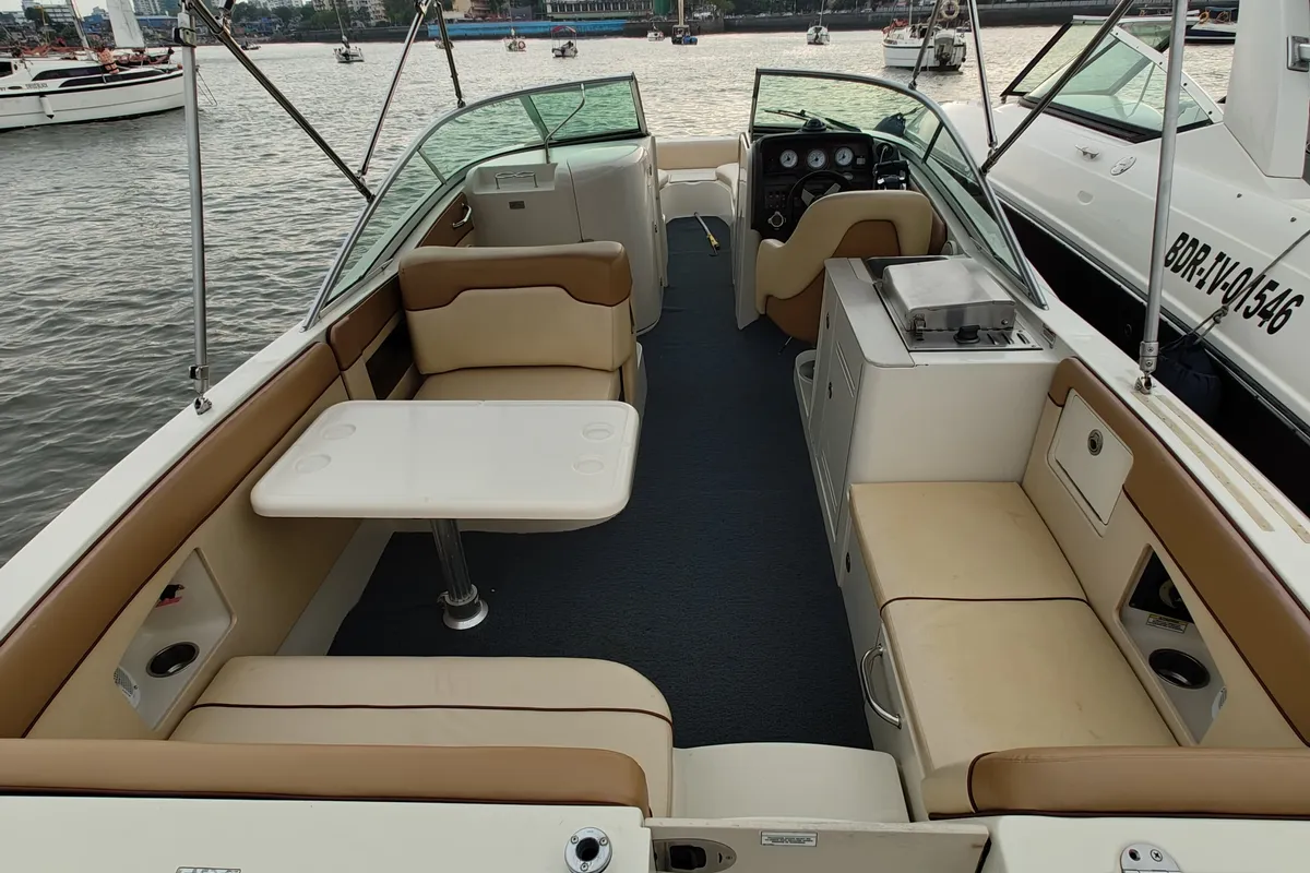 Deck of New Yorker, a Sea Ray SDX 290 motorboat at Mumbai Harbour, India