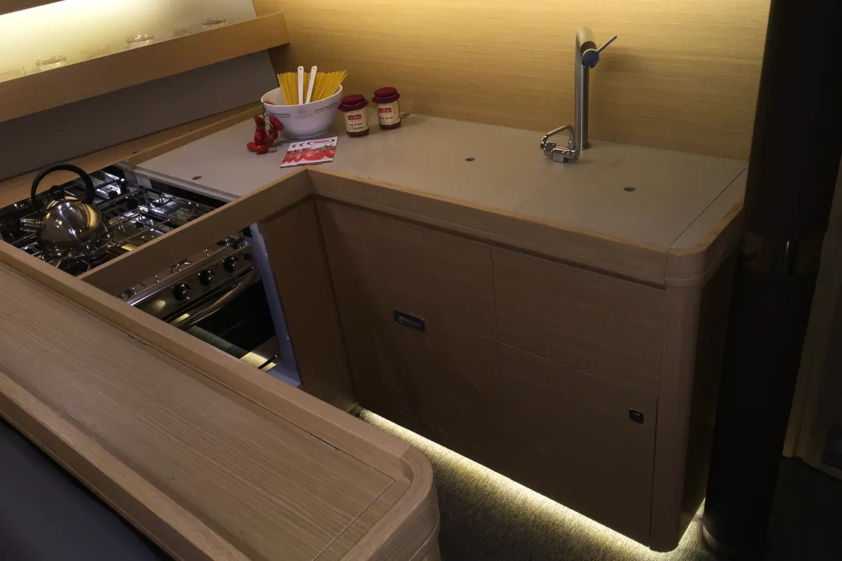 Galley of INVICTUS, a Dufour 56 Exclusive sailboat at Capo d'Orlando, Italy
