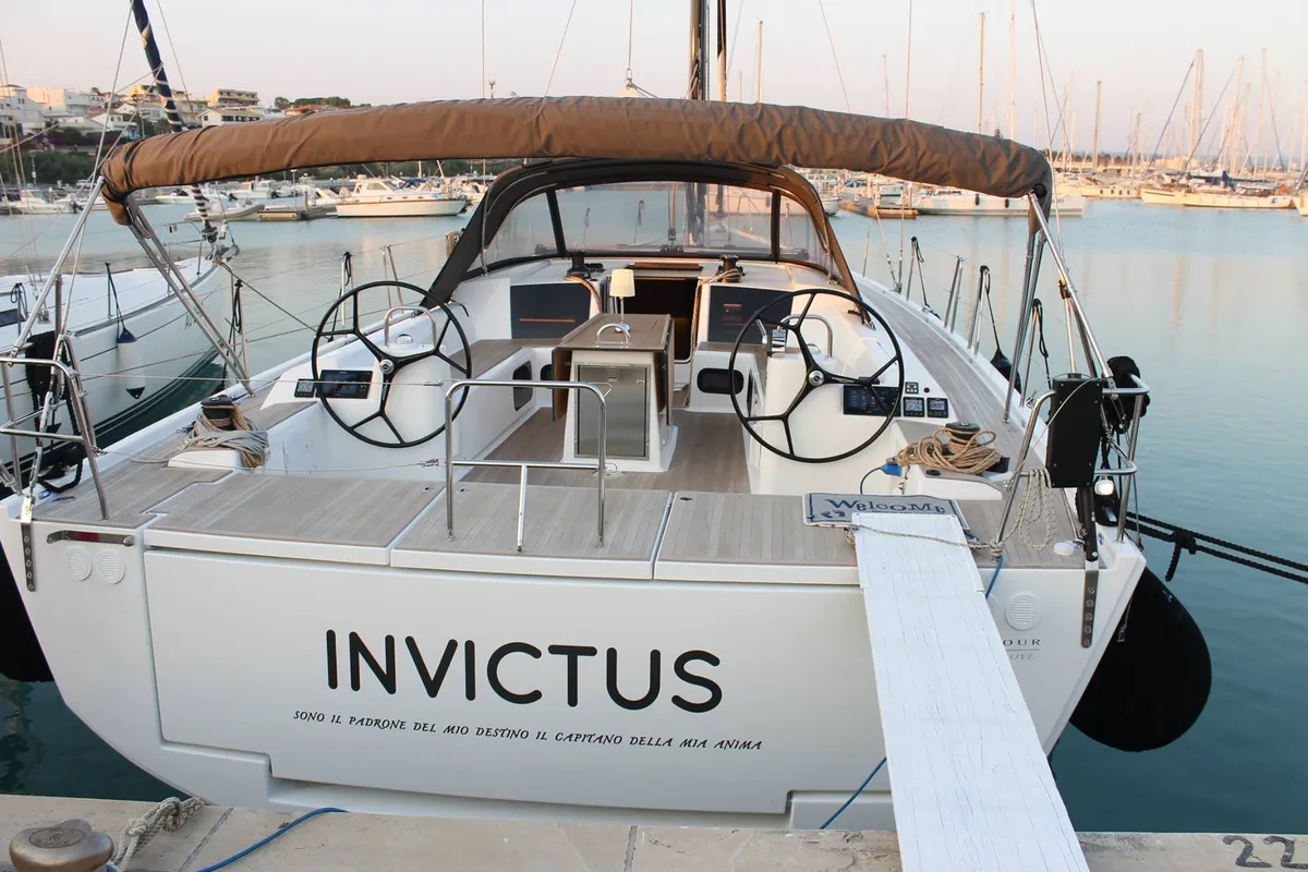 Cockpit of INVICTUS, a Dufour 56 Exclusive sailboat at Capo d'Orlando, Italy