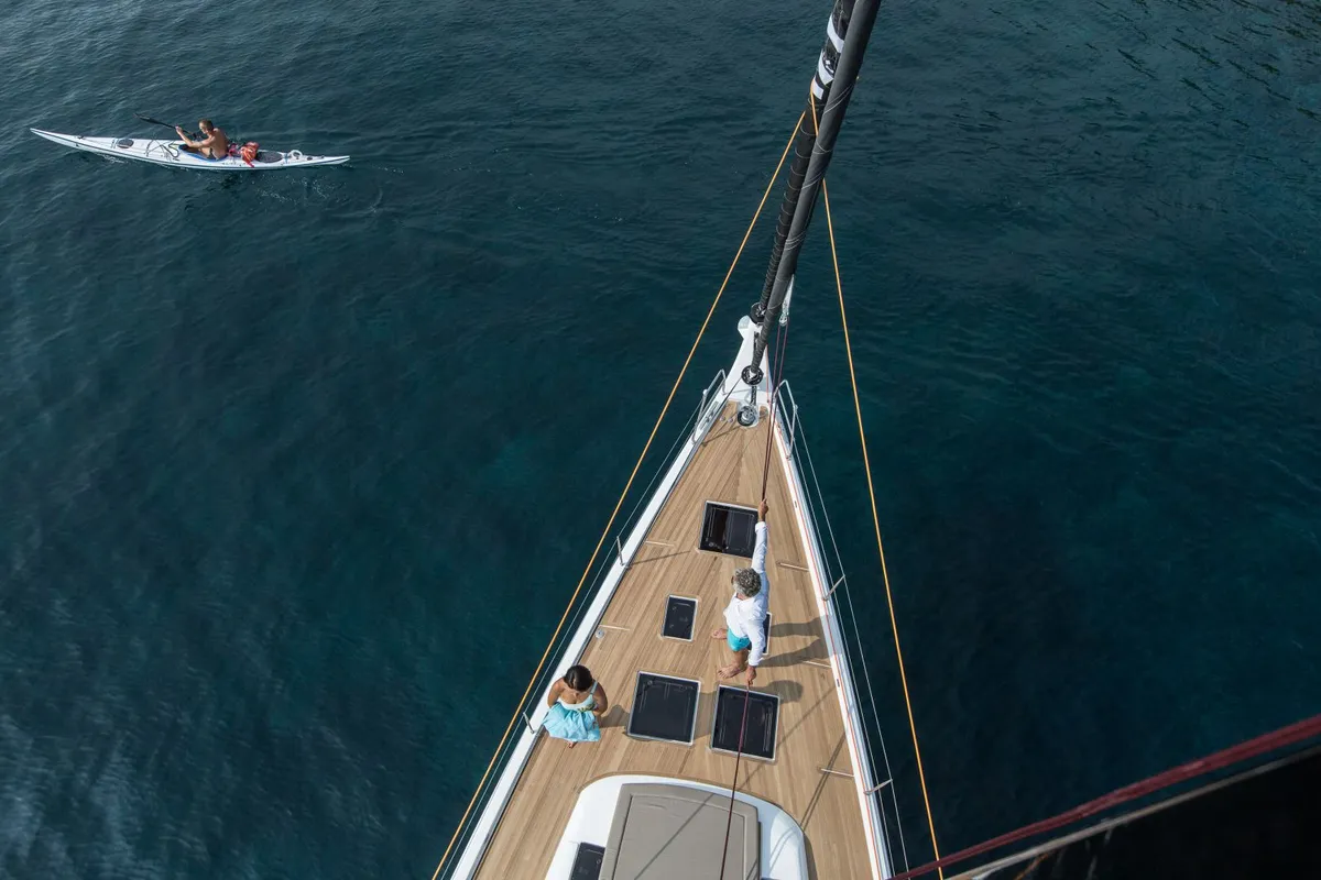 Deck of INVICTUS, a Dufour 56 Exclusive sailboat at Capo d'Orlando, Italy