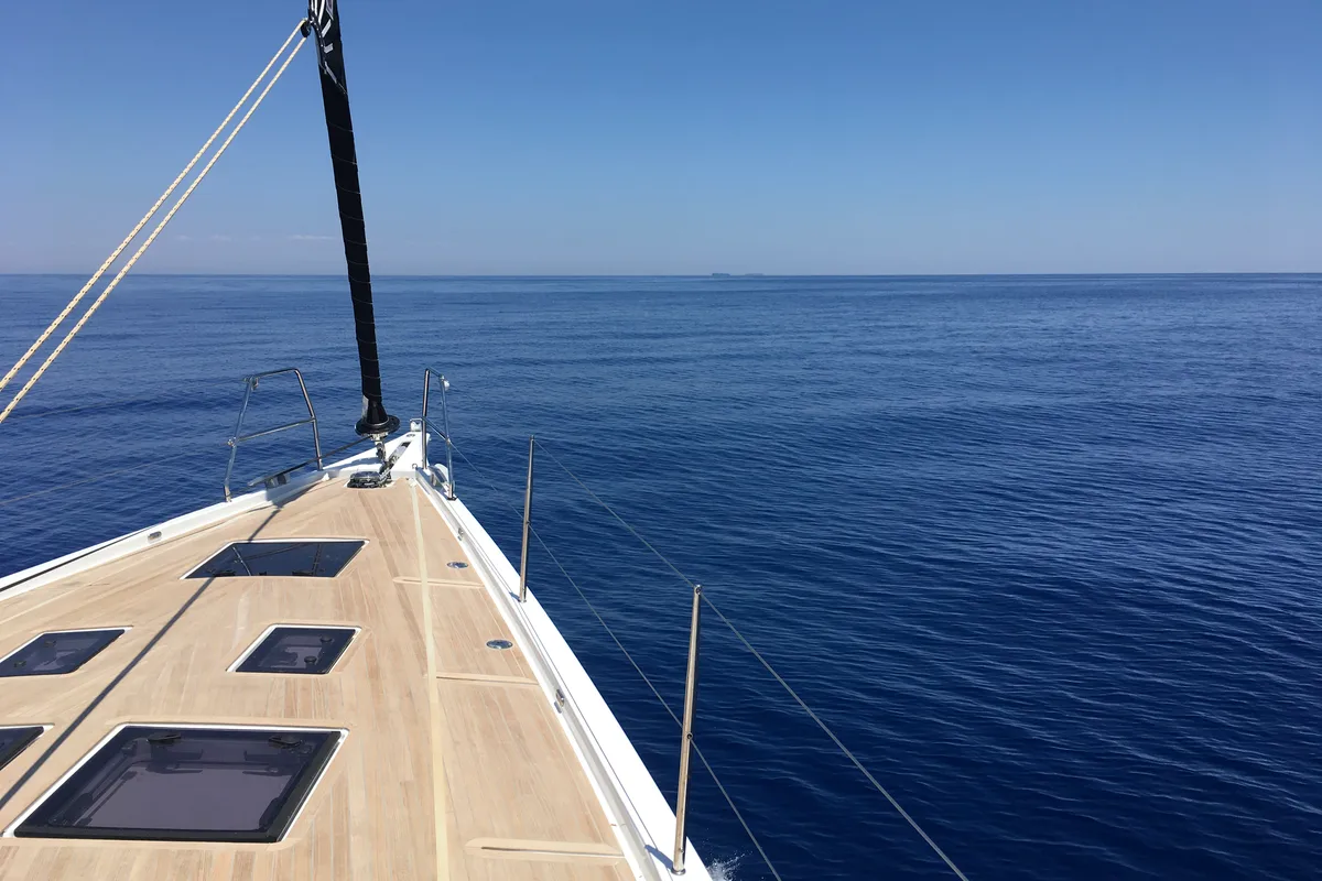 Exterior view of INVICTUS, a Dufour 56 Exclusive sailboat at Capo d'Orlando, Italy