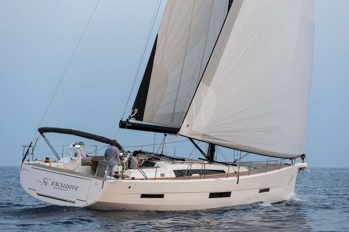 Exterior view of INVICTUS, a Dufour 56 Exclusive sailboat at Capo d'Orlando, Italy
