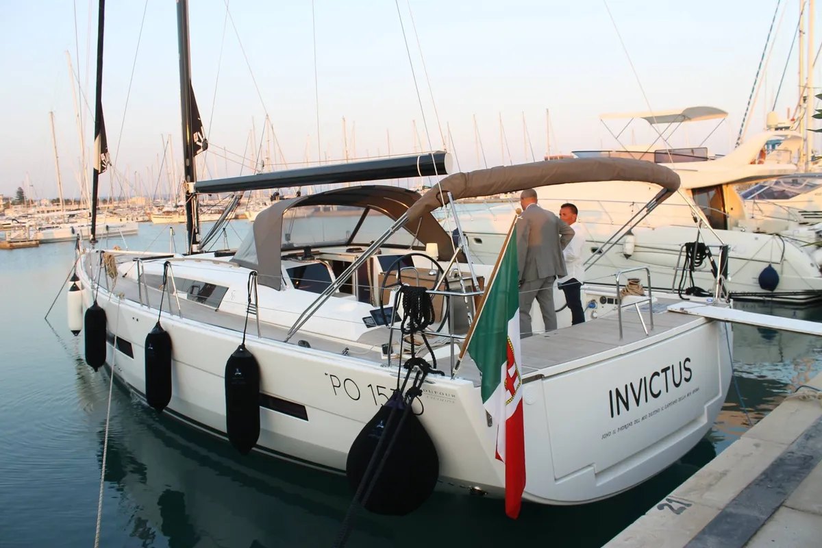 Exterior view of INVICTUS, a Dufour 56 Exclusive sailboat at Capo d'Orlando, Italy