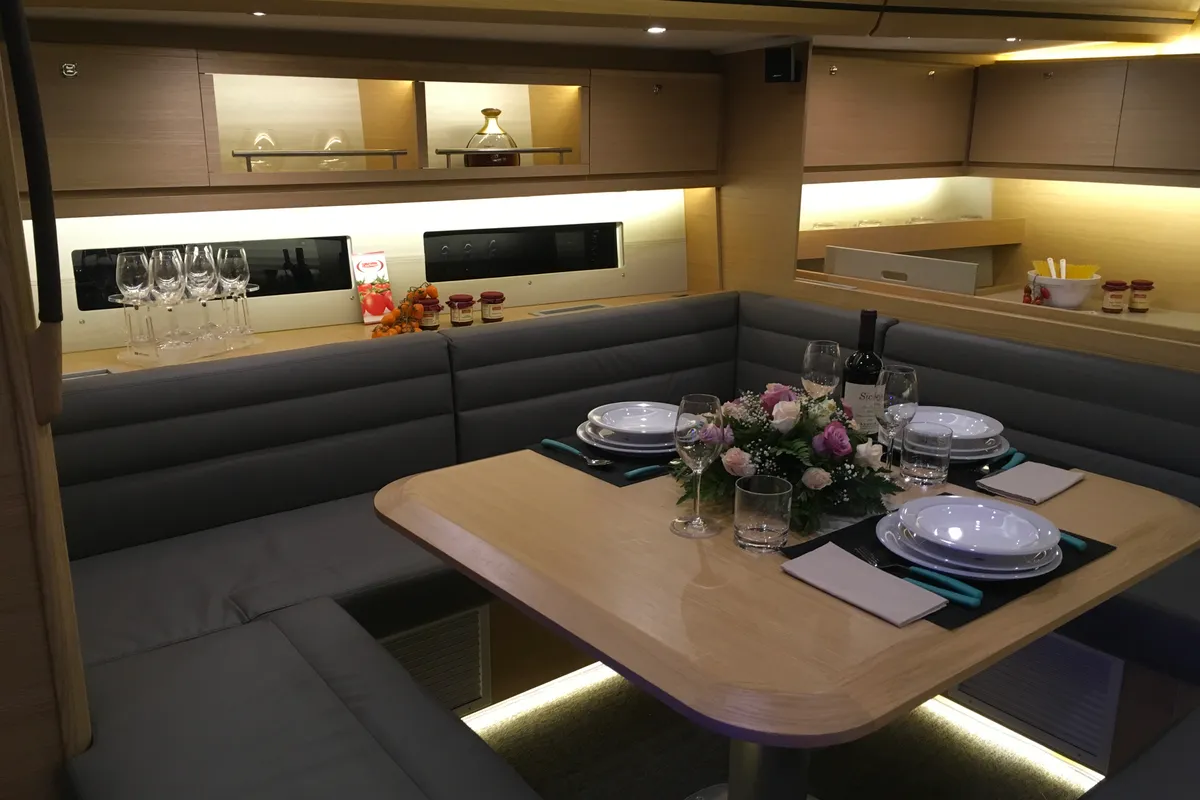 Exterior view of INVICTUS, a Dufour 56 Exclusive sailboat at Capo d'Orlando, Italy