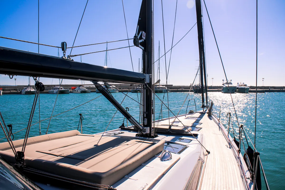 Exterior view of INVICTUS, a Dufour 56 Exclusive sailboat at Capo d'Orlando, Italy