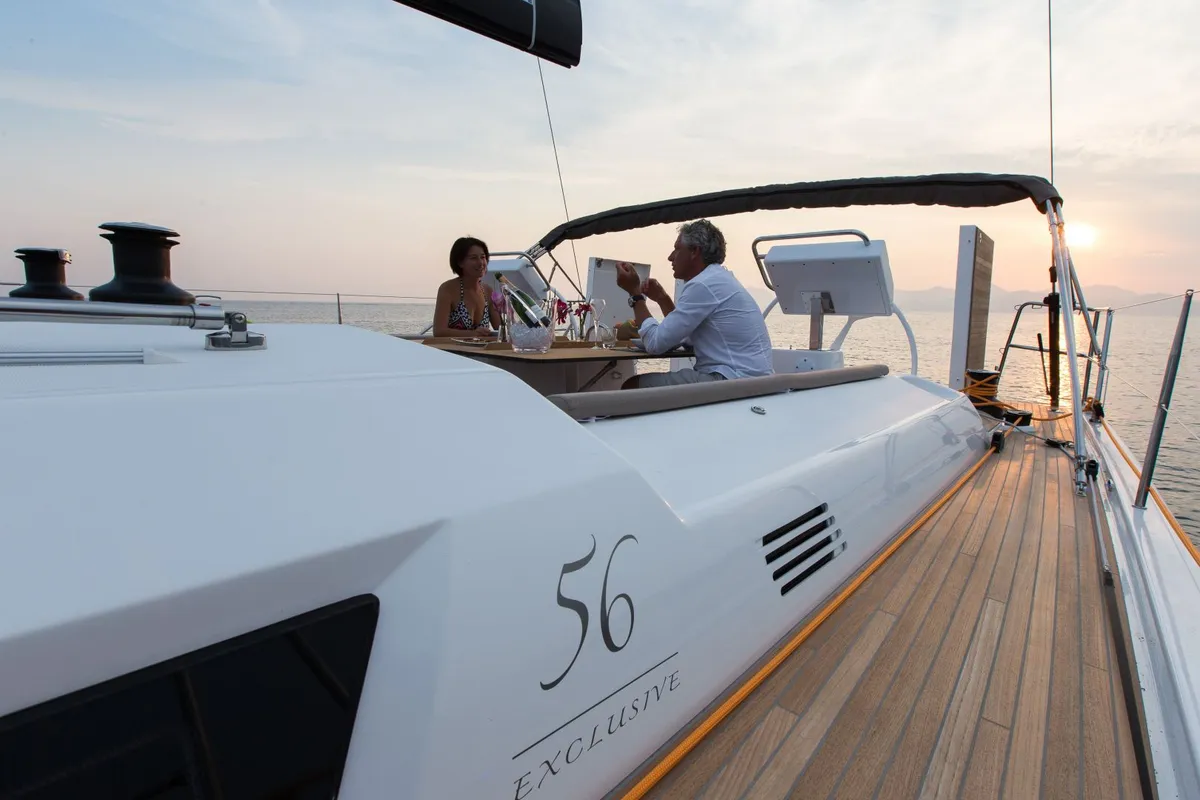 Cockpit of INVICTUS, a Dufour 56 Exclusive sailboat at Capo d'Orlando, Italy
