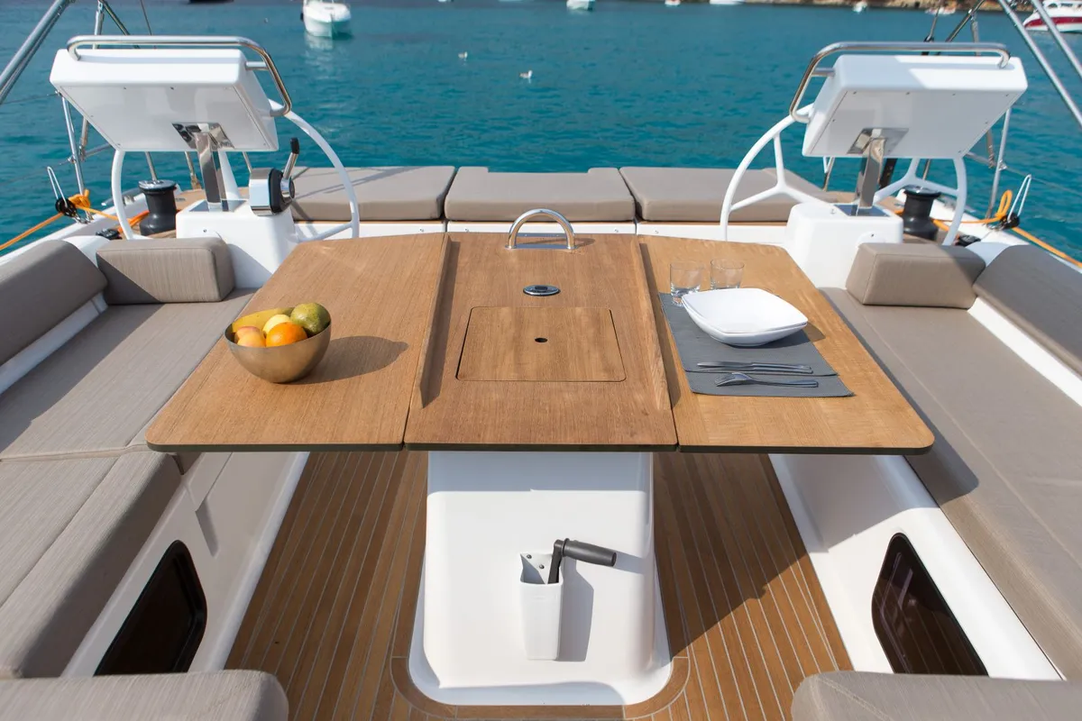 Exterior view of INVICTUS, a Dufour 56 Exclusive sailboat at Capo d'Orlando, Italy