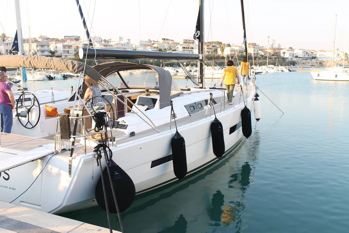 Exterior view of INVICTUS, a Dufour 56 Exclusive sailboat at Capo d'Orlando, Italy