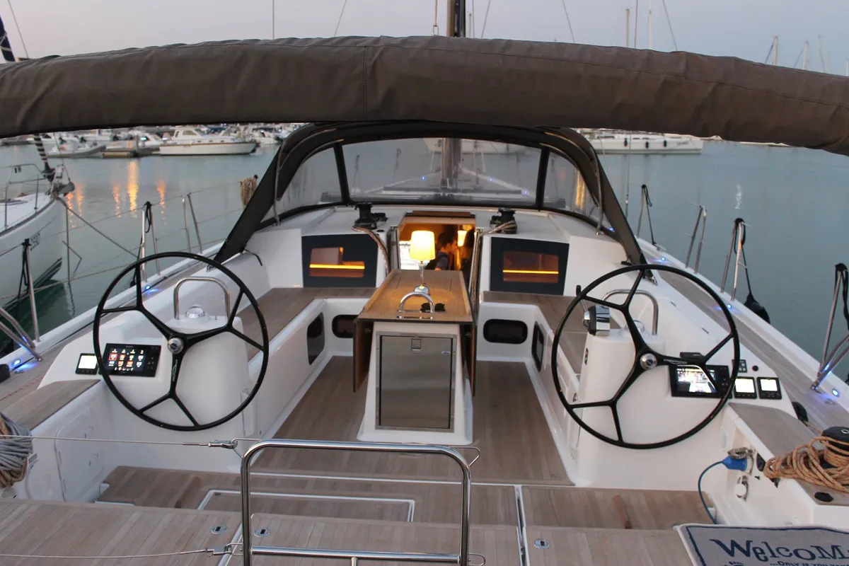 Cockpit of INVICTUS, a Dufour 56 Exclusive sailboat at Capo d'Orlando, Italy