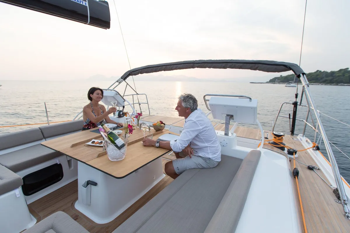 Cockpit of INVICTUS, a Dufour 56 Exclusive sailboat at Capo d'Orlando, Italy