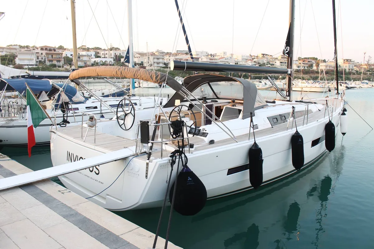 Exterior view of INVICTUS, a Dufour 56 Exclusive sailboat at Capo d'Orlando, Italy