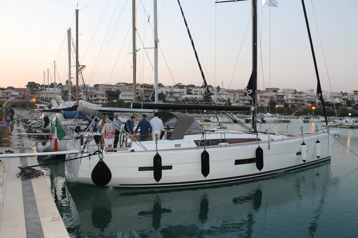 Exterior view of INVICTUS, a Dufour 56 Exclusive sailboat at Capo d'Orlando, Italy