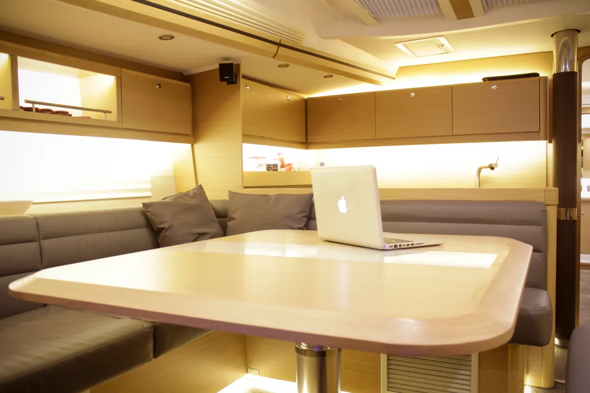 Salon of INVICTUS, a Dufour 56 Exclusive sailboat at Capo d'Orlando, Italy