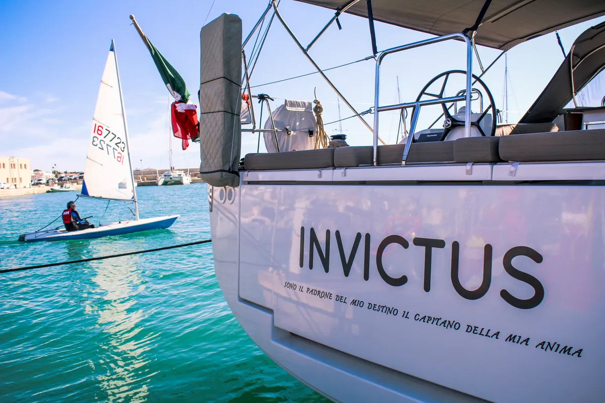 Exterior view of INVICTUS, a Dufour 56 Exclusive sailboat at Capo d'Orlando, Italy