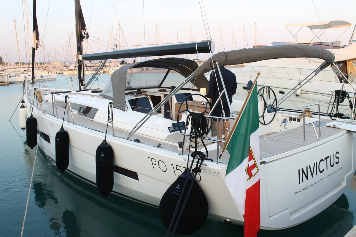 Exterior view of INVICTUS, a Dufour 56 Exclusive sailboat at Capo d'Orlando, Italy