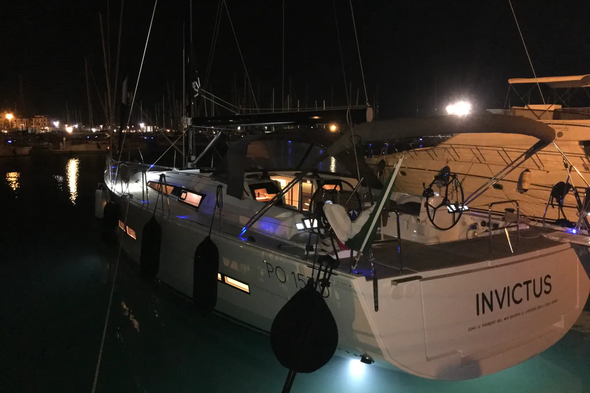 Exterior view of INVICTUS, a Dufour 56 Exclusive sailboat at Capo d'Orlando, Italy