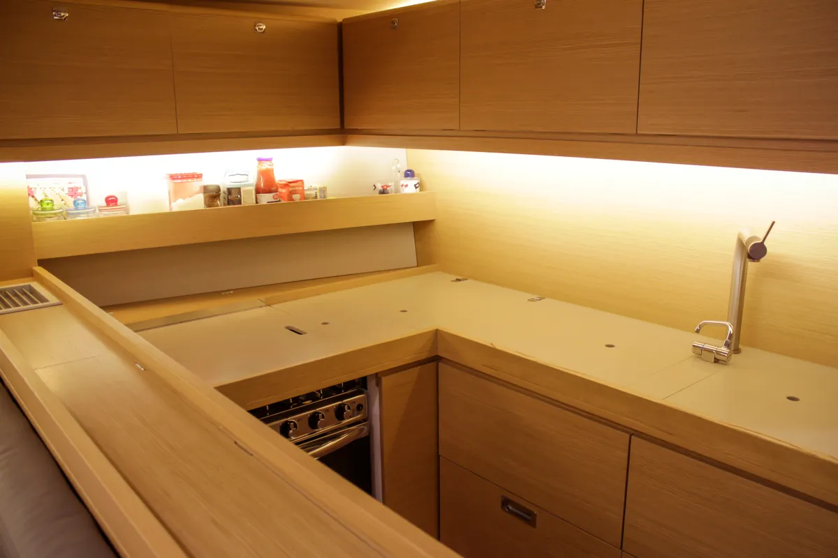 Galley of INVICTUS, a Dufour 56 Exclusive sailboat at Capo d'Orlando, Italy