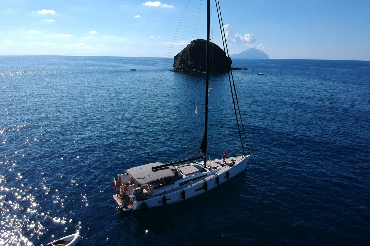 Exterior view of INVICTUS, a Dufour 56 Exclusive sailboat at Capo d'Orlando, Italy