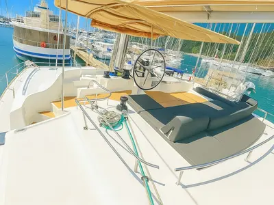 Cockpit of Orion Star, a Lagoon 52 catamaran at Skiathos, Greece
