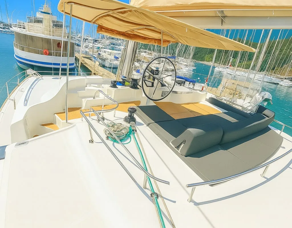 Cockpit of Orion Star, a Lagoon 52 catamaran at Skiathos, Greece
