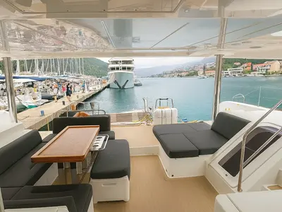 Deck of Orion Star, a Lagoon 52 catamaran at Skiathos, Greece