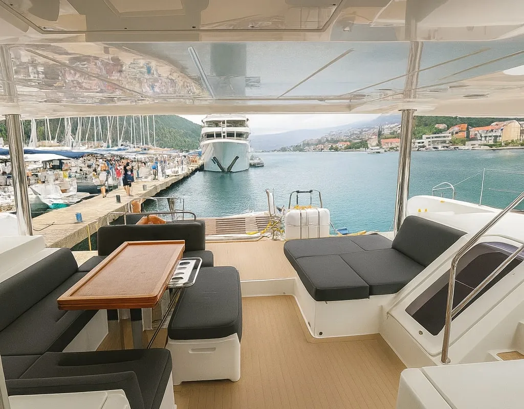 Deck of Orion Star, a Lagoon 52 catamaran at Skiathos, Greece