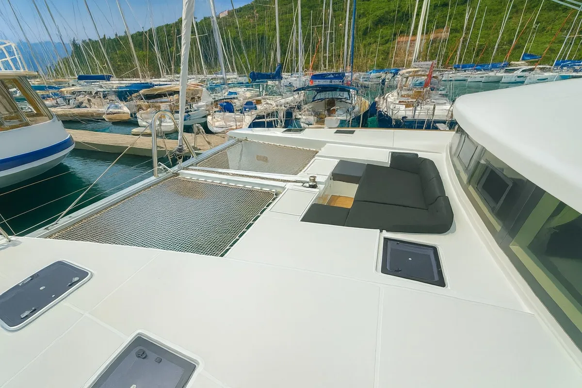 Deck of Orion Star, a Lagoon 52 catamaran at Skiathos, Greece