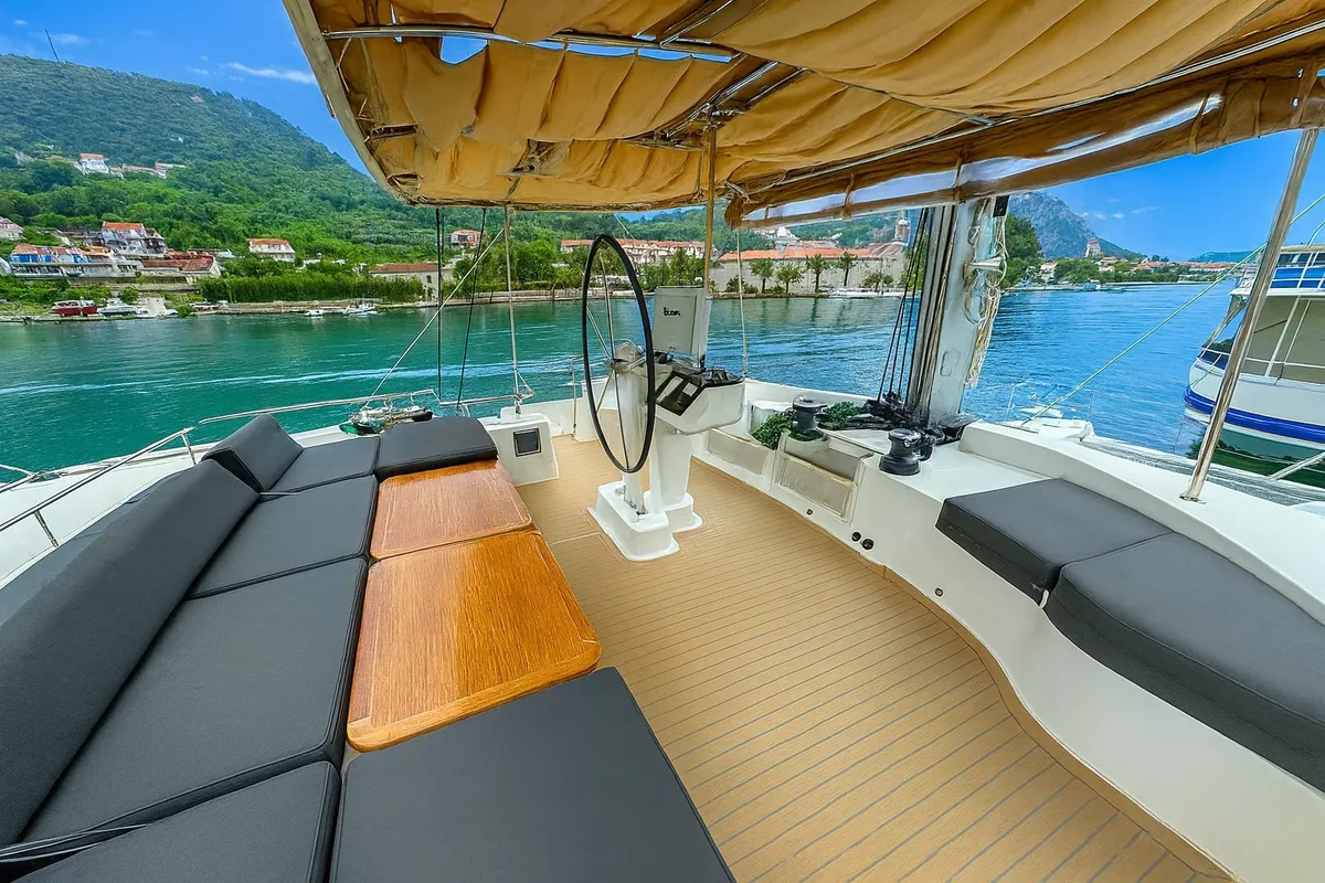 Cockpit of Orion Star, a Lagoon 52 catamaran at Skiathos, Greece