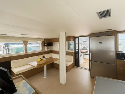 Salon of Orion Star, a Lagoon 52 catamaran at Skiathos, Greece