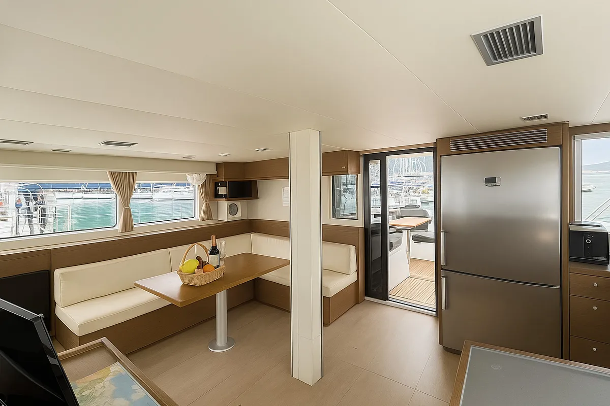 Salon of Orion Star, a Lagoon 52 catamaran at Skiathos, Greece