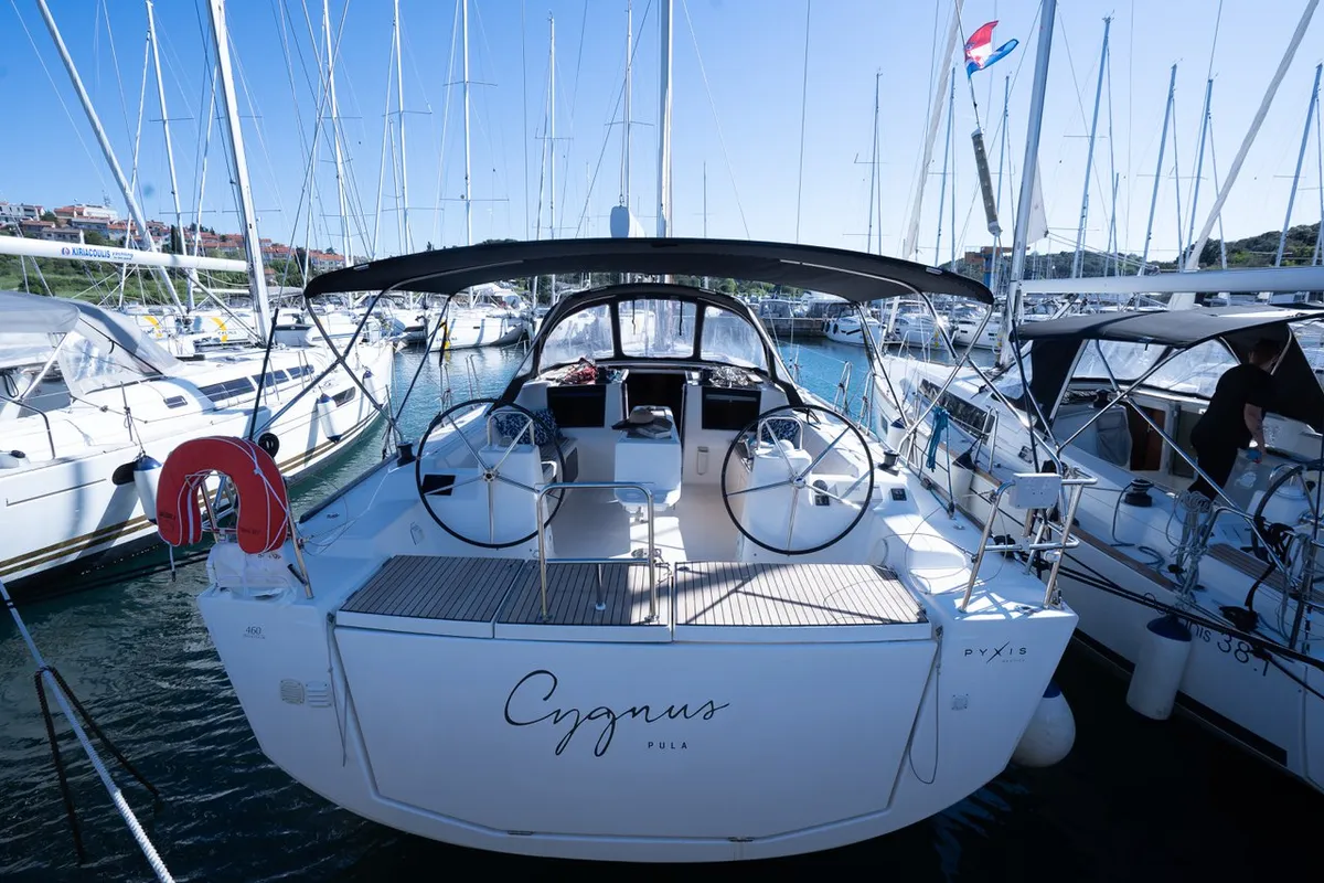Exterior view of Cygnus, a Dufour 460 GL sailboat at Grad Pula, Croatia