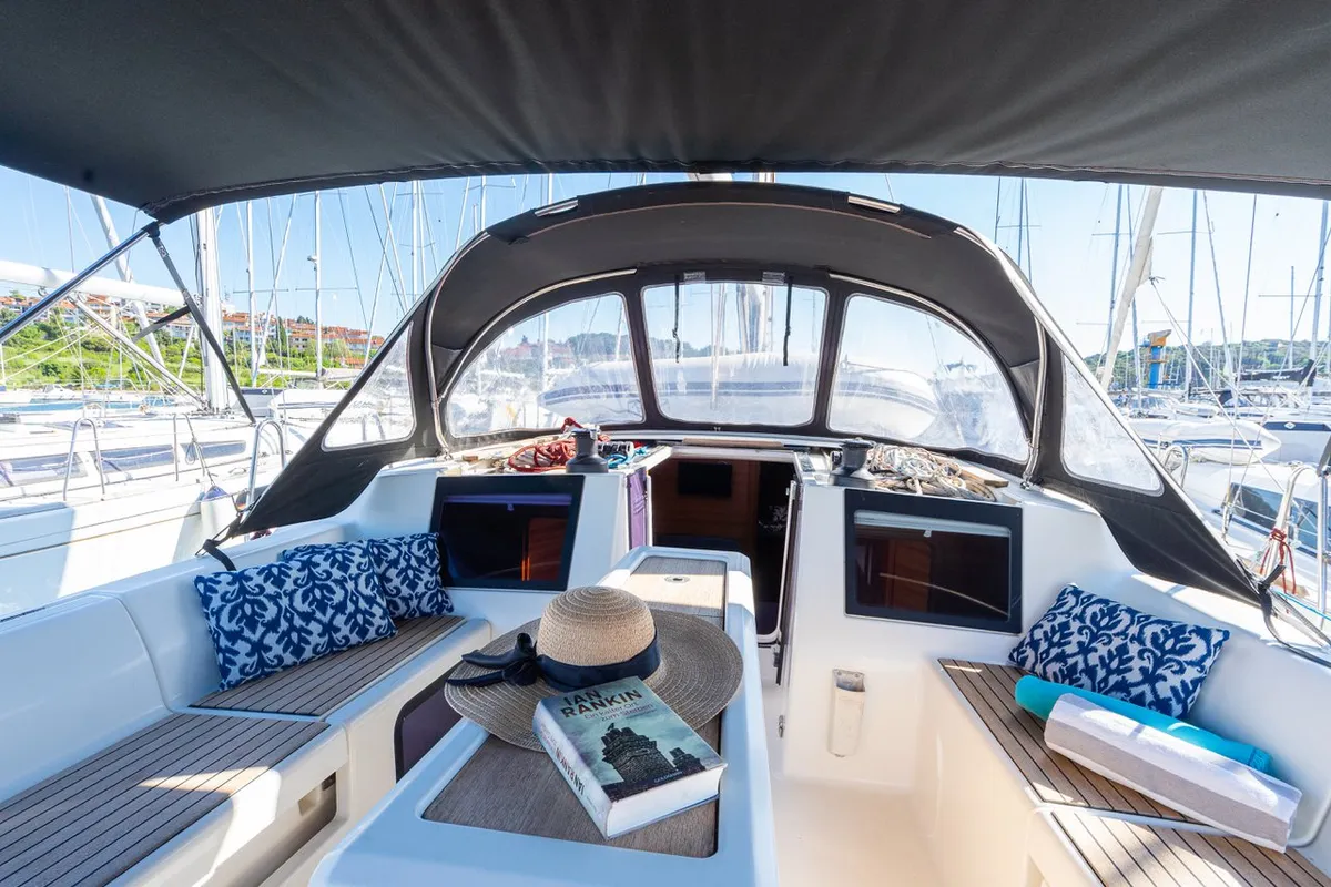 Cockpit of Cygnus, a Dufour 460 GL sailboat at Grad Pula, Croatia
