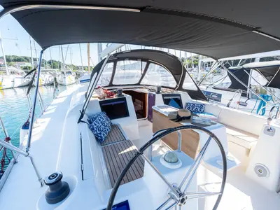Cockpit of Cygnus, a Dufour 460 GL sailboat at Grad Pula, Croatia