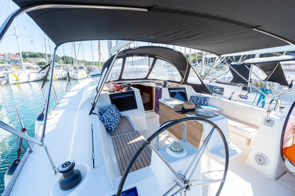Cockpit of Cygnus, a Dufour 460 GL sailboat at Grad Pula, Croatia