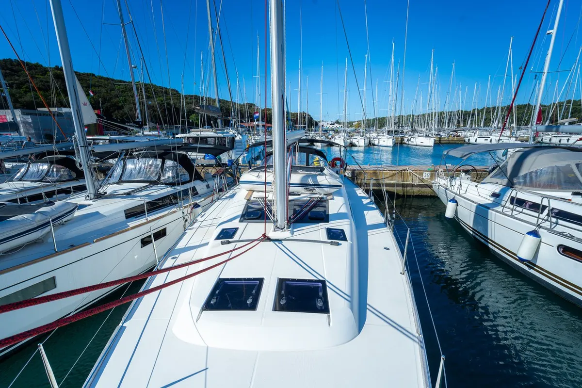 Deck of Cygnus, a Dufour 460 GL sailboat at Grad Pula, Croatia