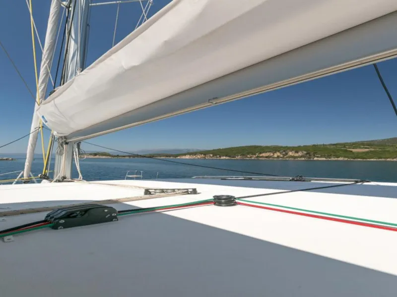 Deck of Armonia, a Lagoon 400 S2 catamaran at Palairos, Greece