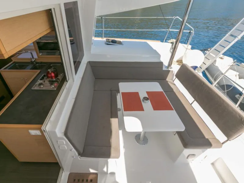 Deck of Armonia, a Lagoon 400 S2 catamaran at Palairos, Greece